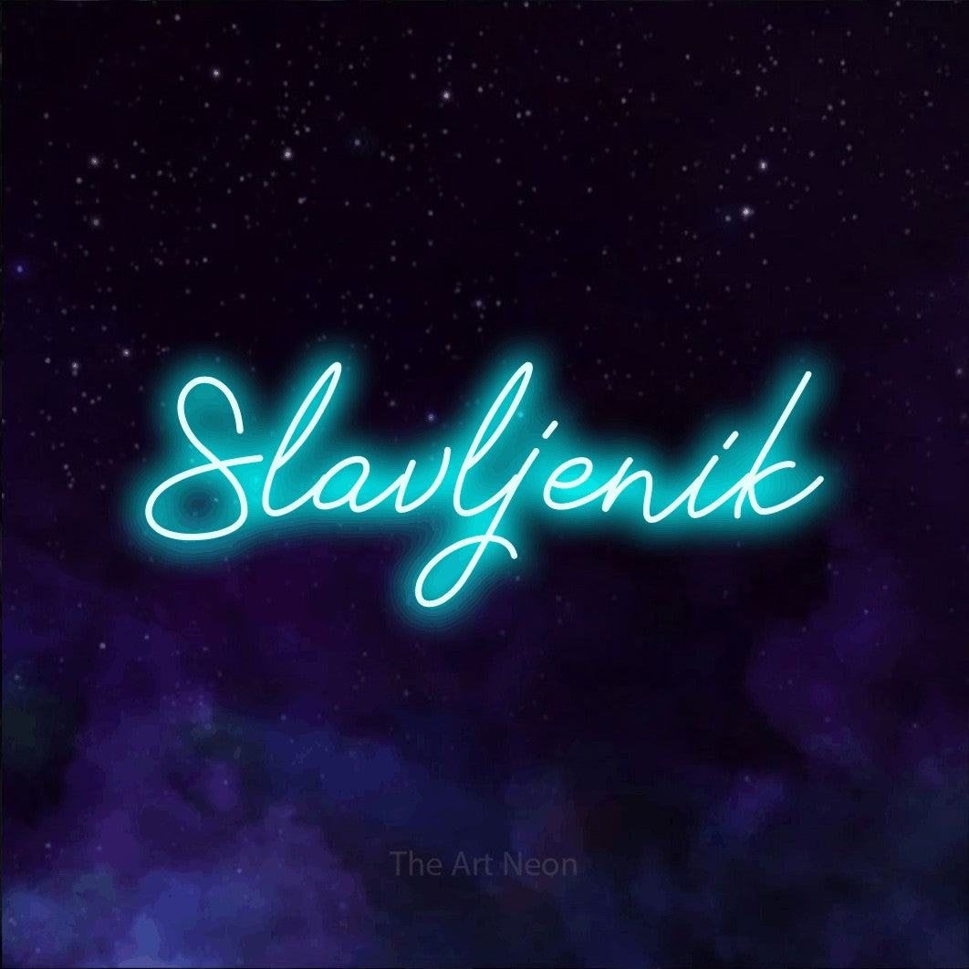 LED neon sign reading “Slavljenik”, arranged in a single line.