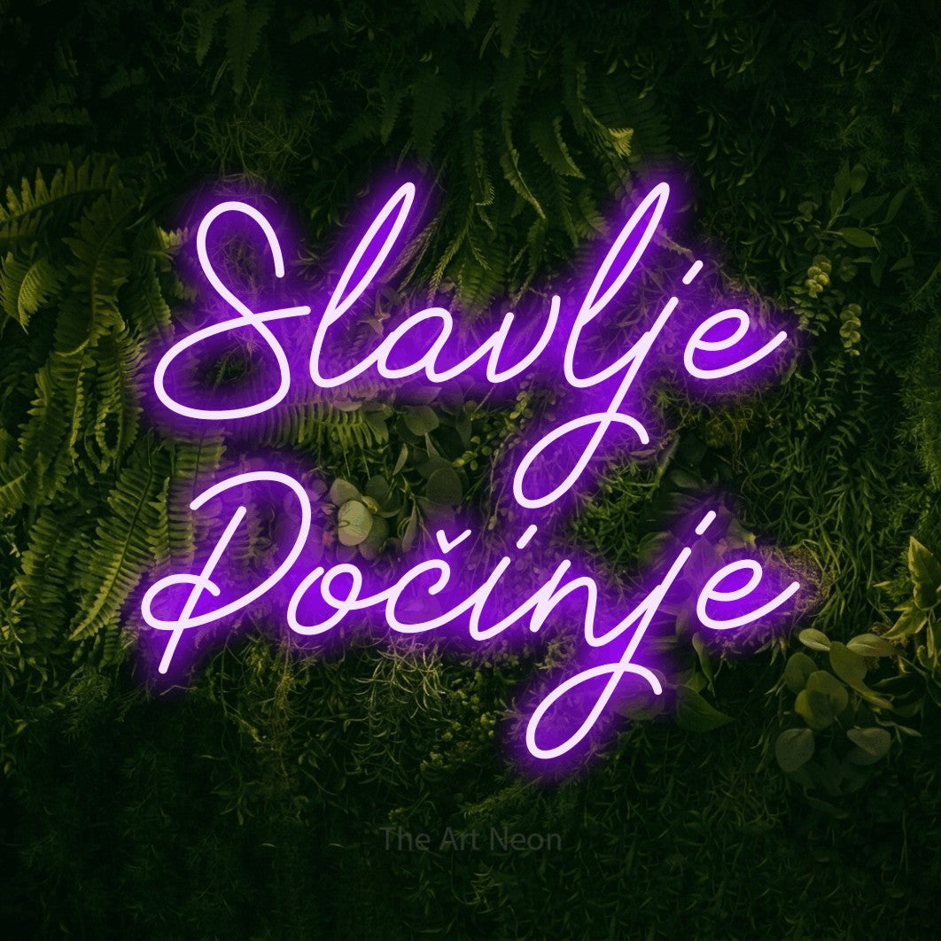 LED neon sign reading “Slavlje Počinje”, arranged in two lines.