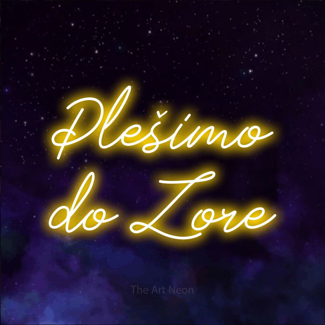LED neon sign reading “Plešimo do Zore”, arranged in two lines.