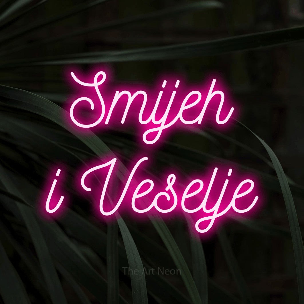 LED neon sign reading “Smijeh i Veselje”, arranged in two lines.