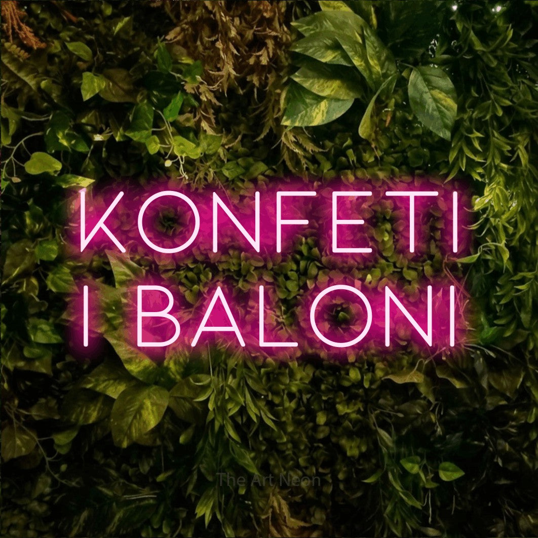 LED neon sign reading “KONFETI i baloni”, arranged in two lines.