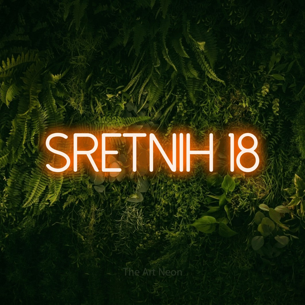LED neon sign reading “sretnih 18”, arranged in a single line.