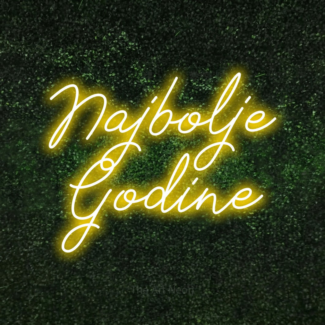 LED neon sign reading “Najbolje Godine”, arranged in two lines.