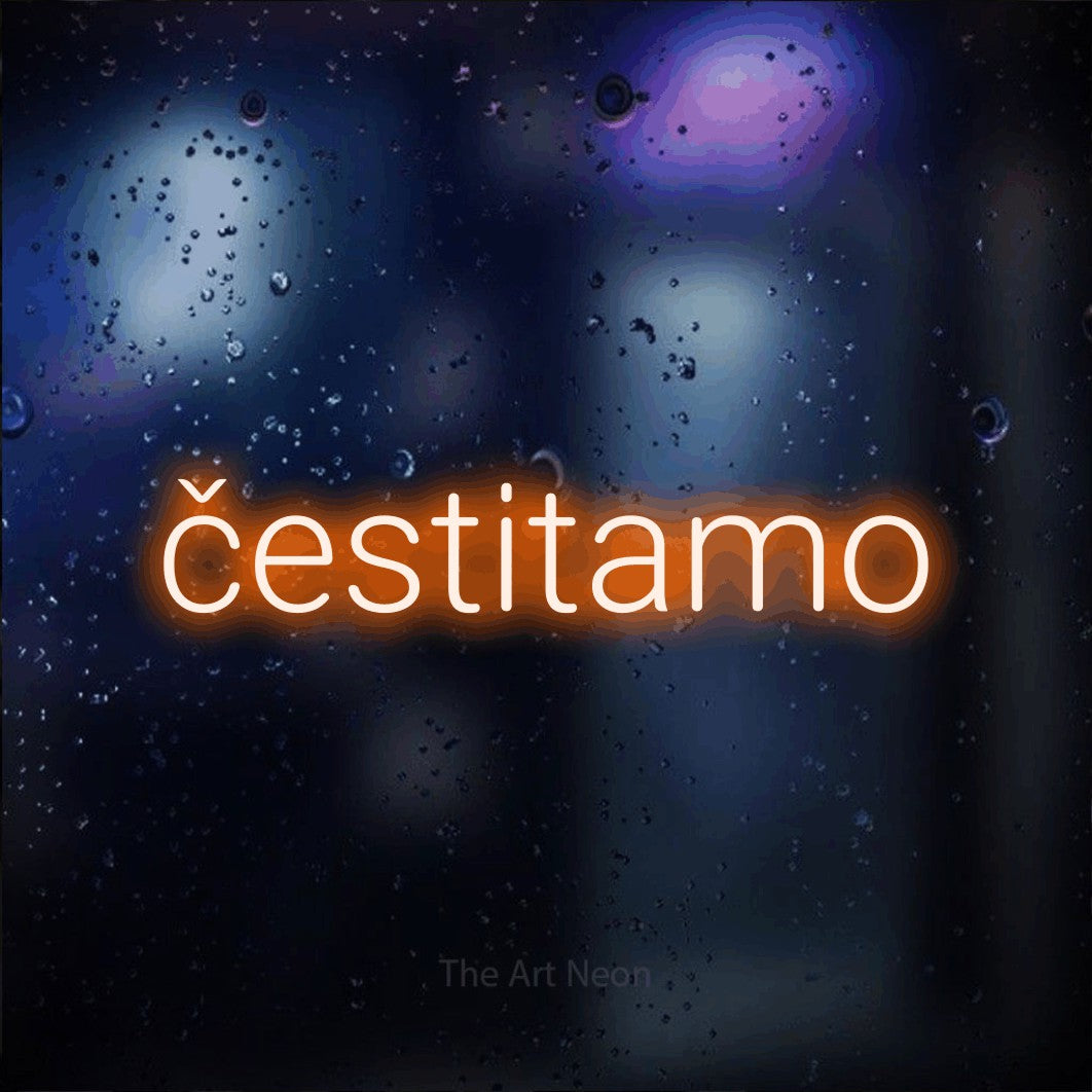 LED neon sign reading “čestitamo”, arranged in a single line.