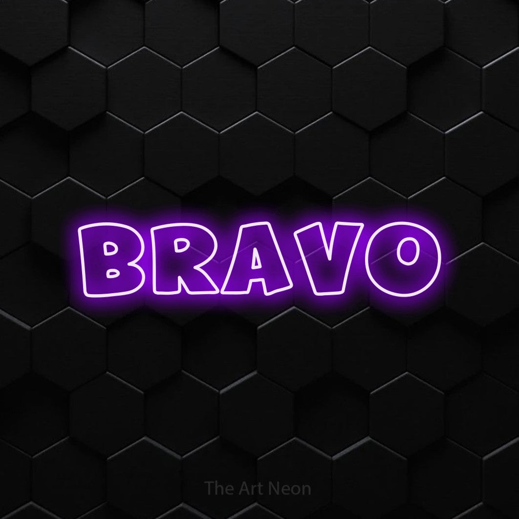 LED neon sign reading “BRAVO”, arranged in a single line.