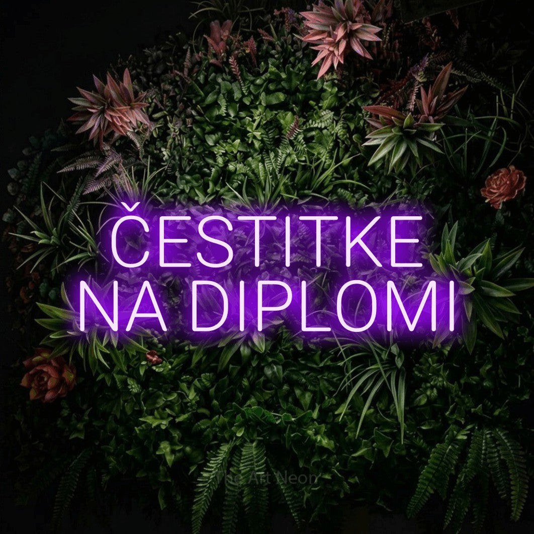 LED neon sign reading “ČESTITKE NA DIPLOMI”, arranged in two lines.