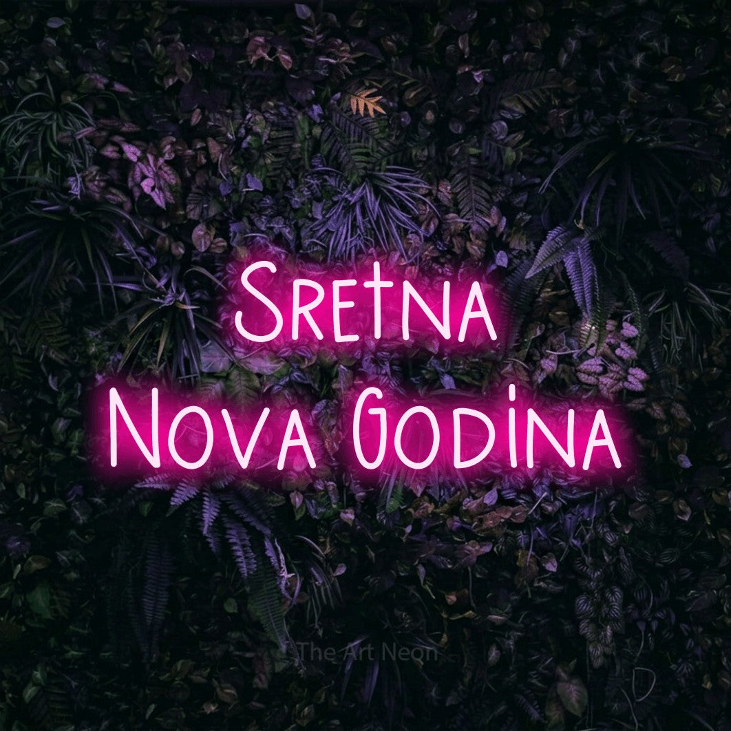 LED neon sign reading “Sretna Nova Godina”, arranged in two lines.