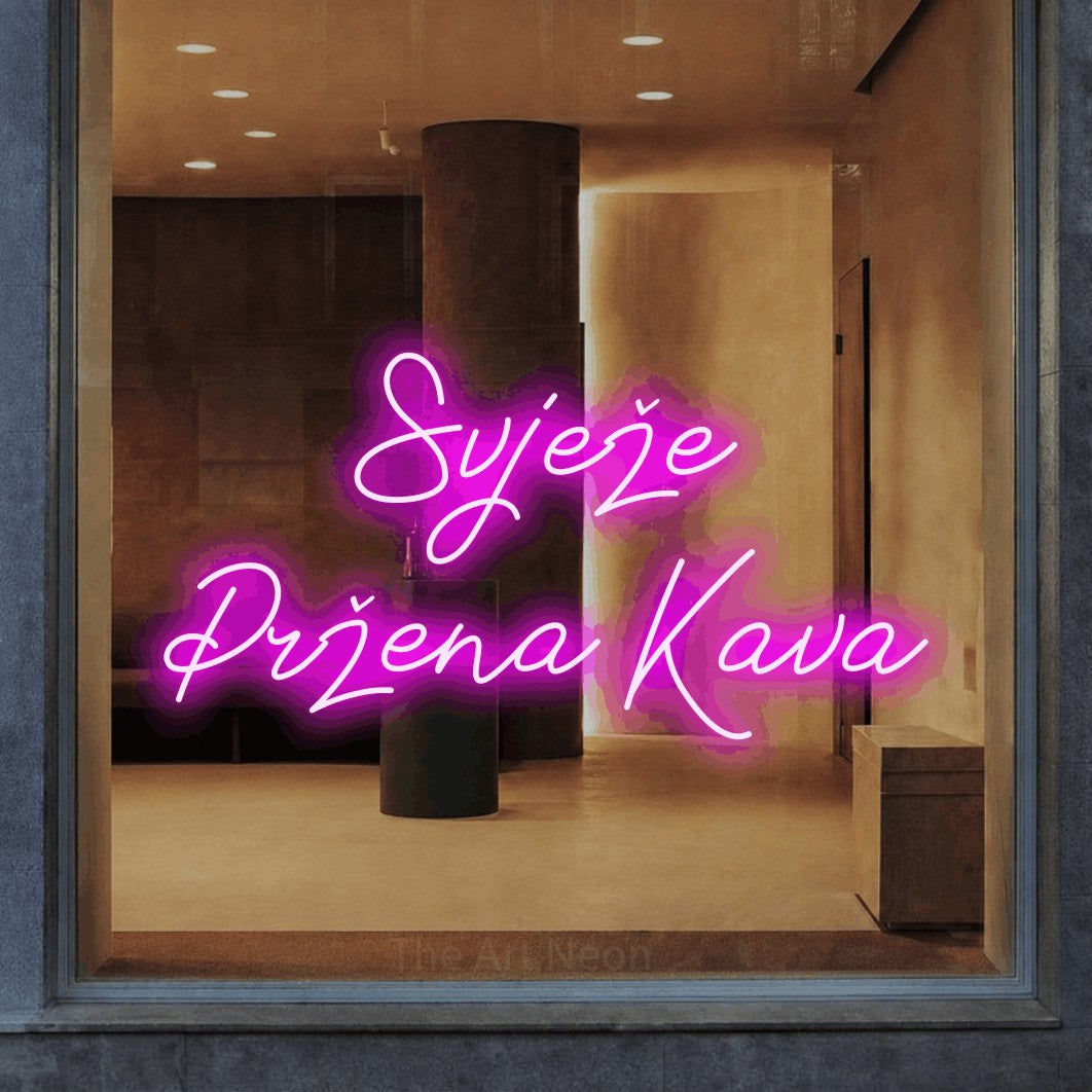 LED neon sign reading “Svježe Pržena Kava”, arranged in two lines.