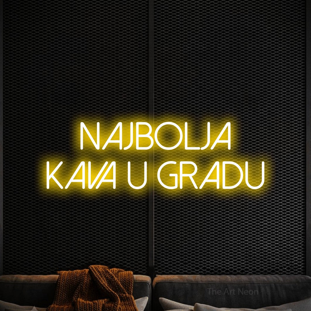LED neon sign reading “NAJBOLJA KAVA U GRADU”, arranged in two lines.