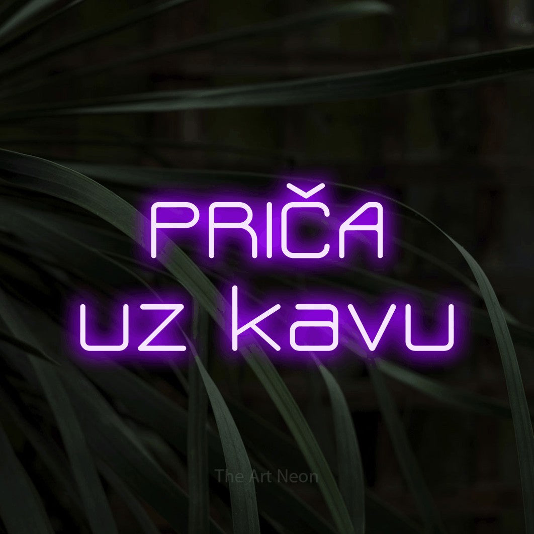 LED neon sign reading “PRIČA uz kavu”, arranged in two lines.