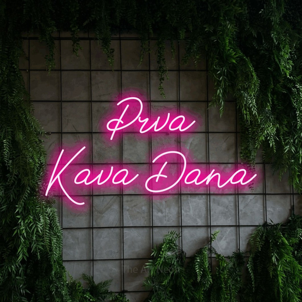 LED neon sign reading “Prva Kava Dana”, arranged in two lines.