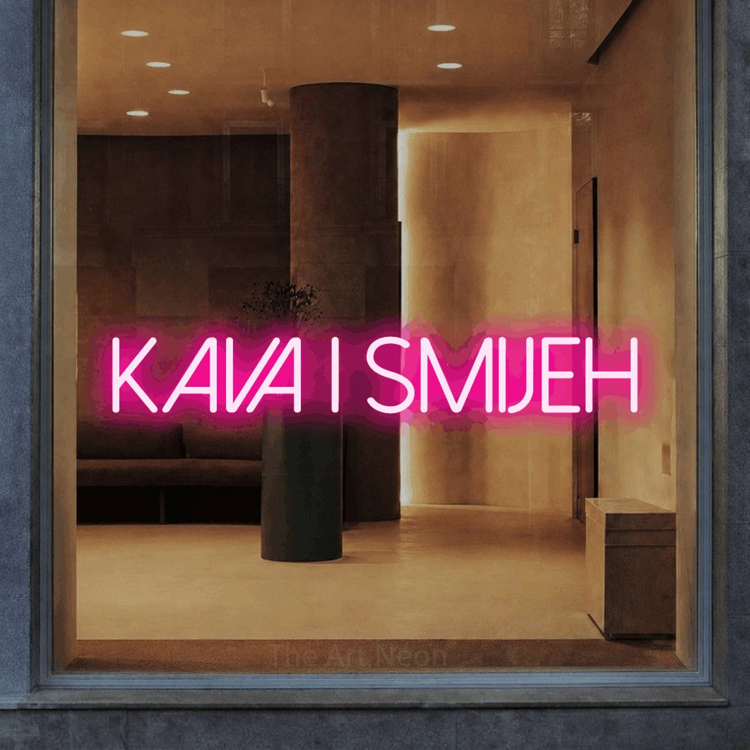 LED neon sign reading “KAVA I SMIJEH”, arranged in a single line.