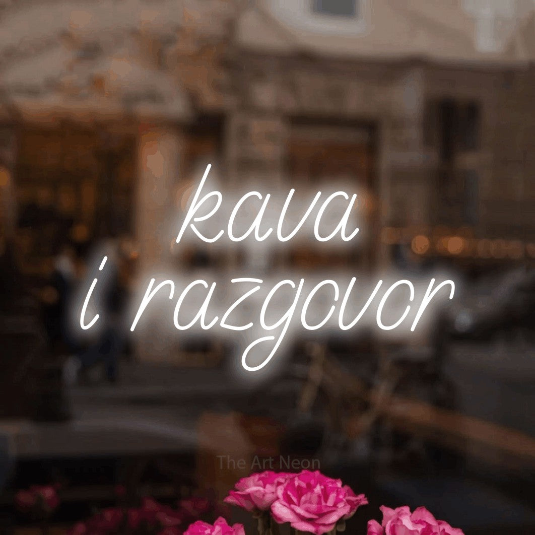 LED neon sign reading “kava i razgovor”, arranged in two lines.