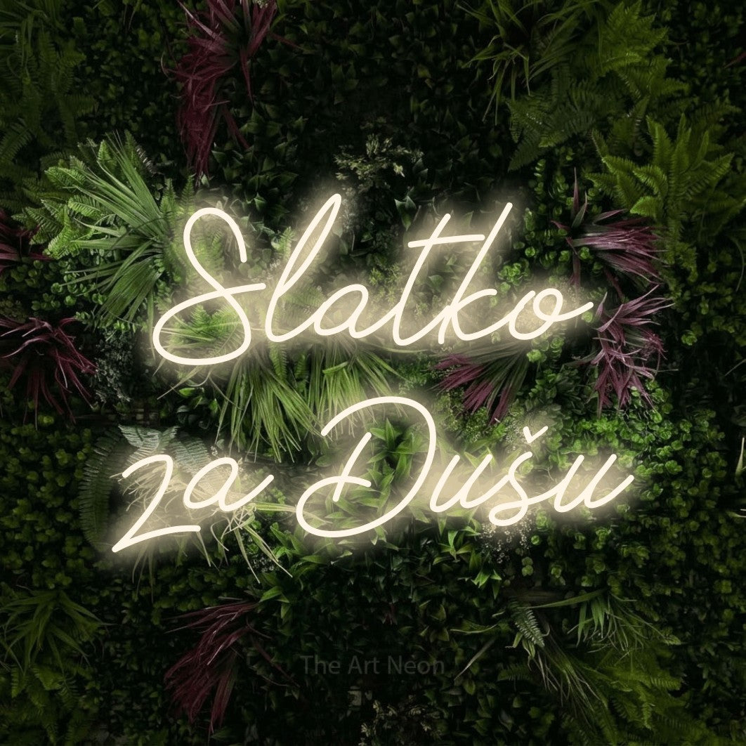 LED neon sign reading “Slatko za Dušu”, arranged in two lines.