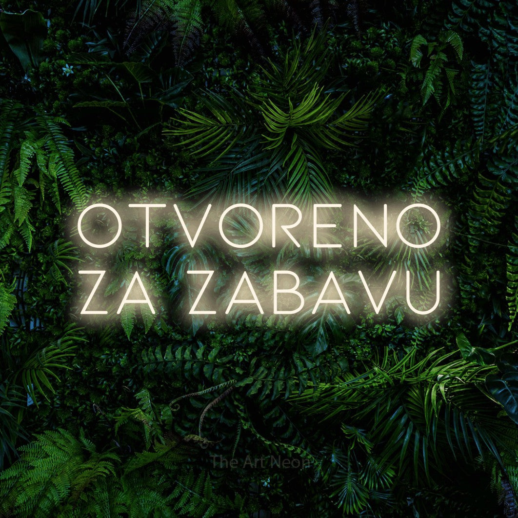 LED neon sign reading “OTVORENO ZA ZABAVU”, arranged in two lines.