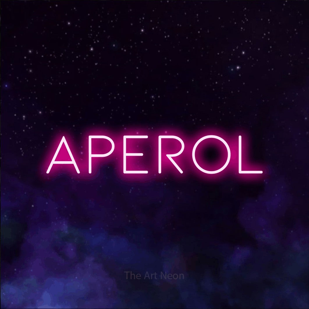 LED neon sign reading “Aperol”, arranged in a single line.