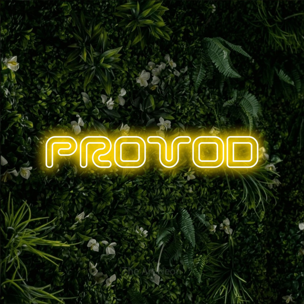 LED neon sign reading “PROVOD”, arranged in a single line.