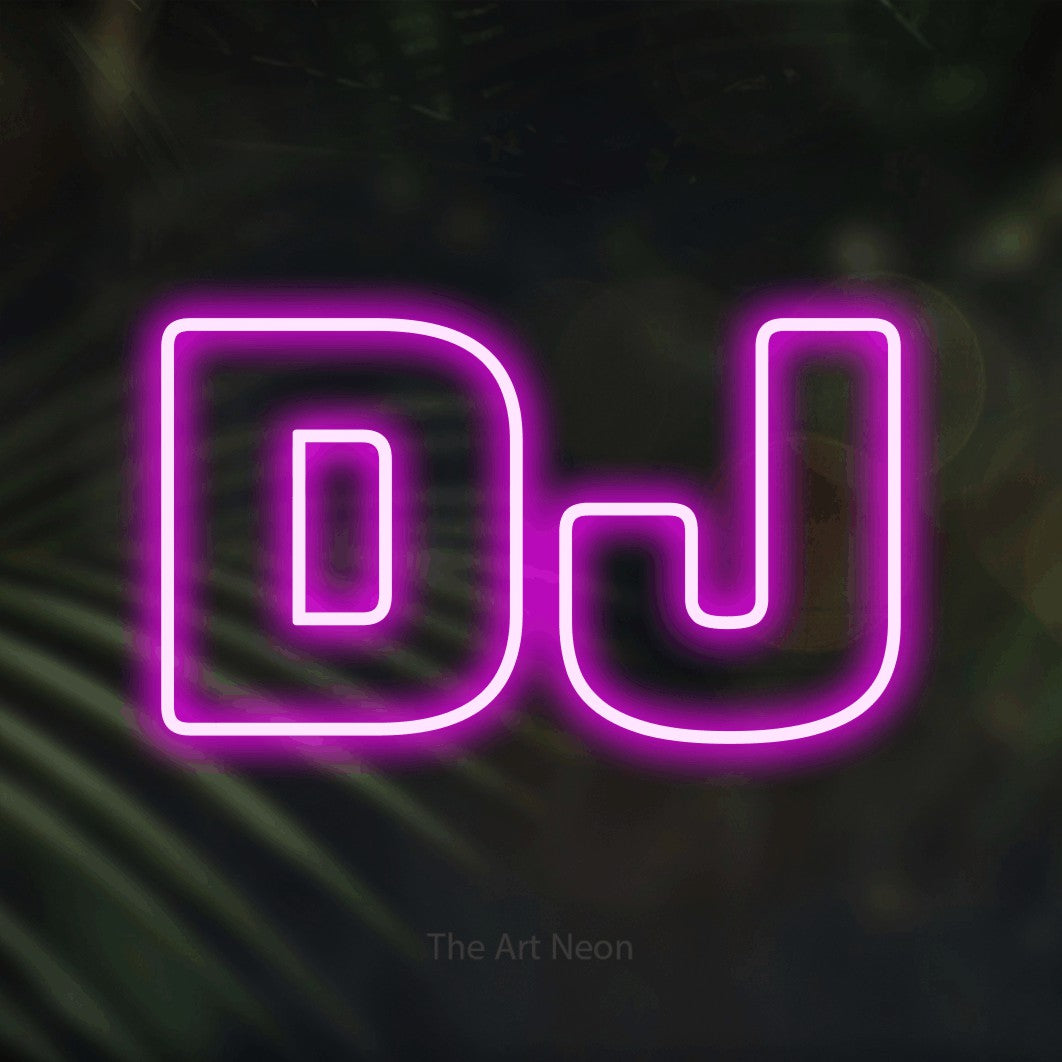 LED neon sign reading “DJ”, arranged in a single line.