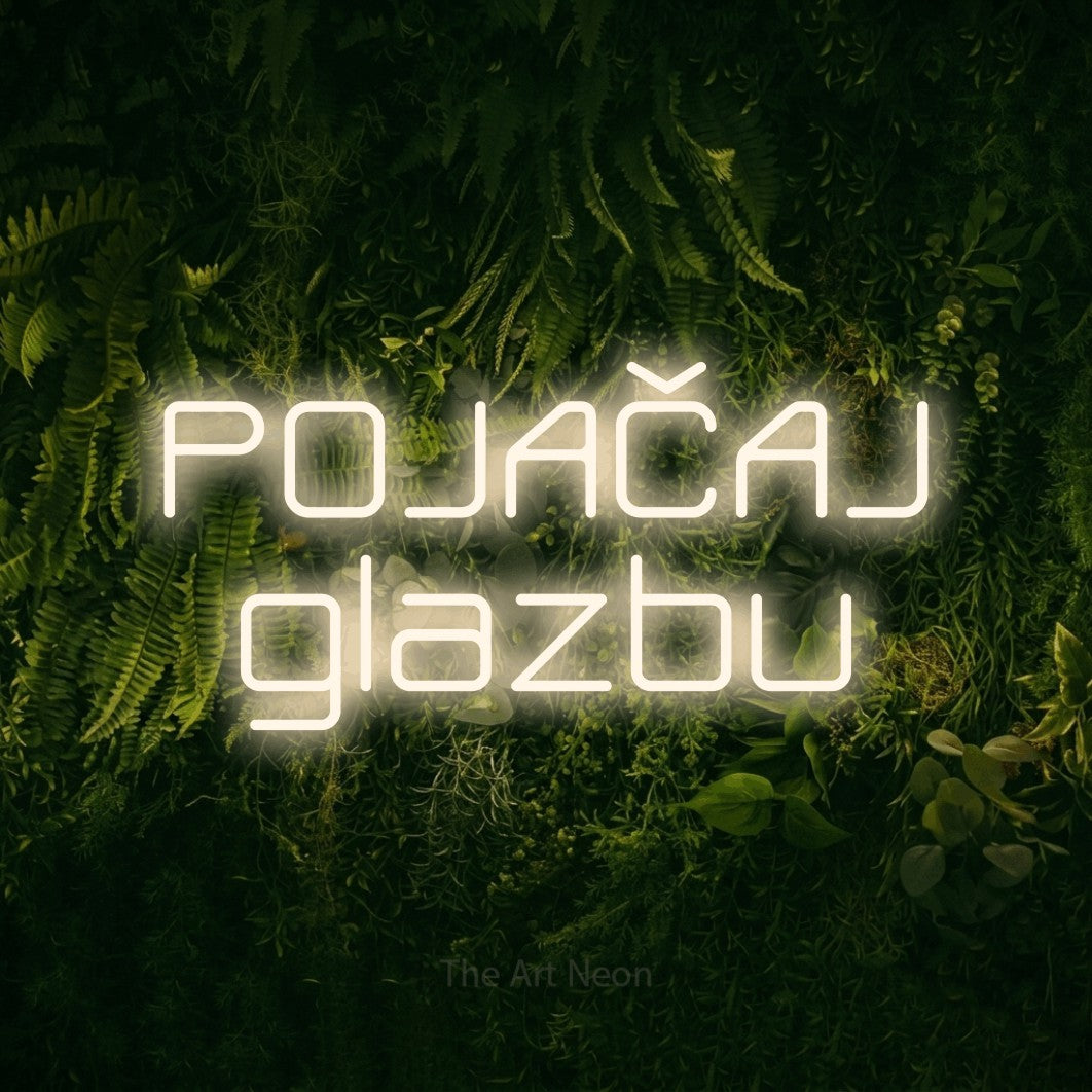 LED neon sign reading “POJAČAJ glazbu”, arranged in two lines.