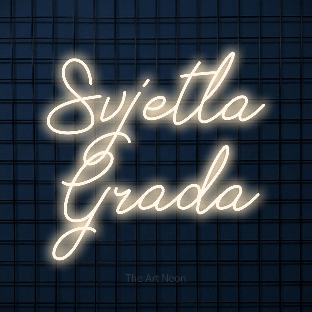 LED neon sign reading “Svjetla Grada”, arranged in two lines.