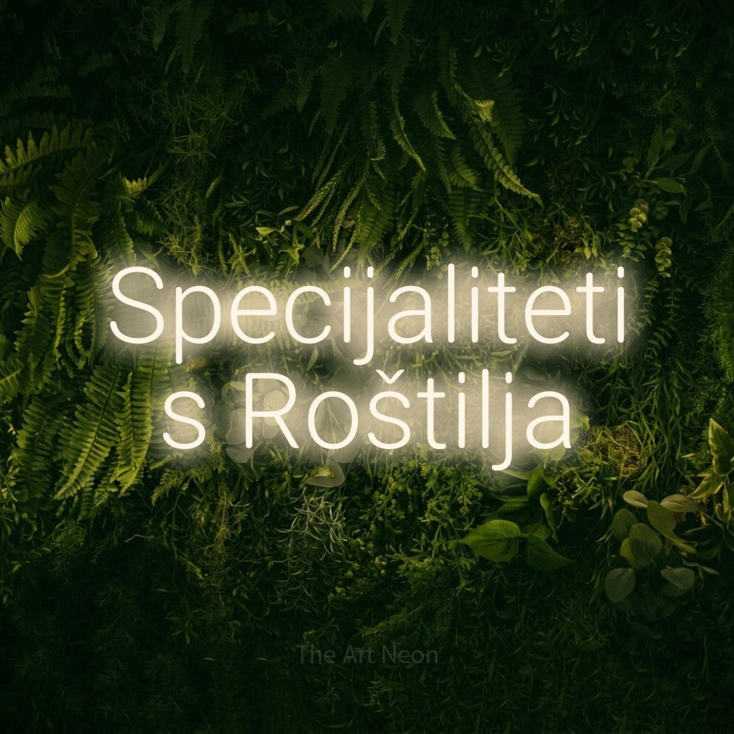 LED neon sign reading “Specijaliteti s Roštilja”, arranged in two lines.