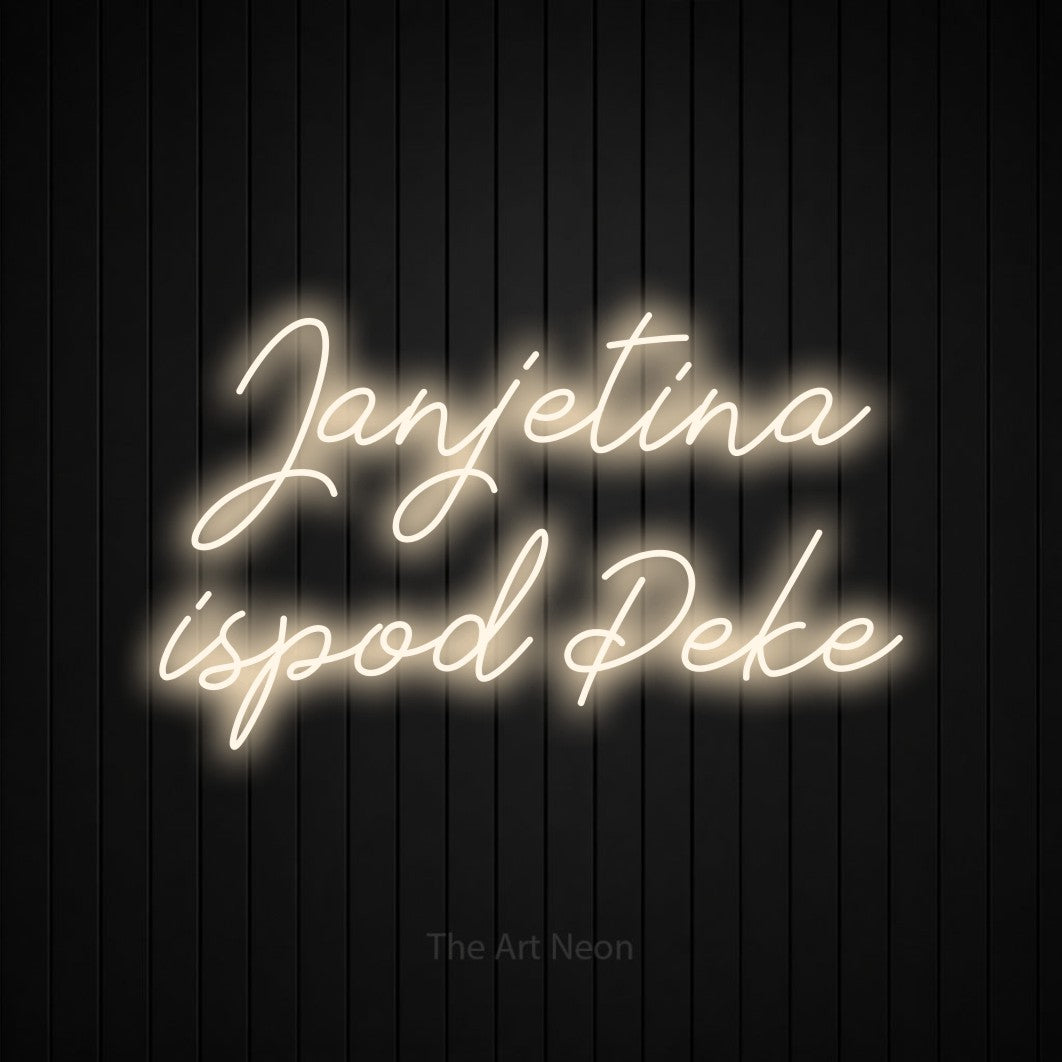 LED neon sign reading “Janjetina ispod Peke”, arranged in two lines.