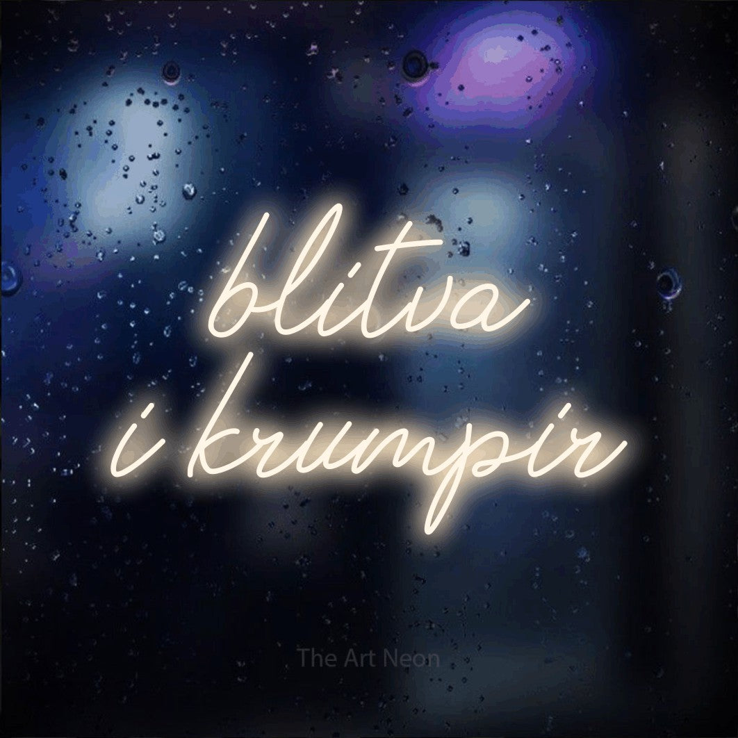 LED neon sign reading “blitva i krumpir”, arranged in two lines.