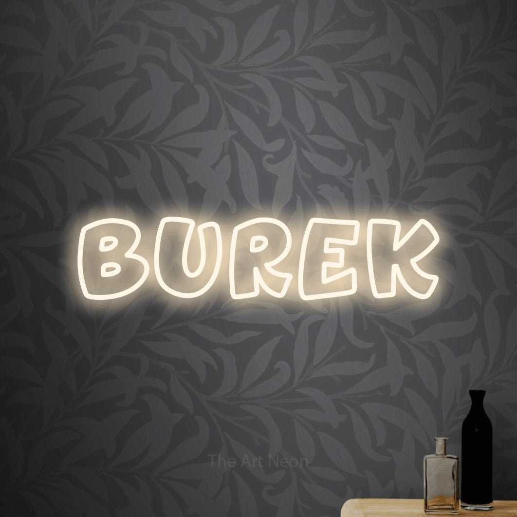 LED neon sign reading “BUREK”, arranged in a single line.