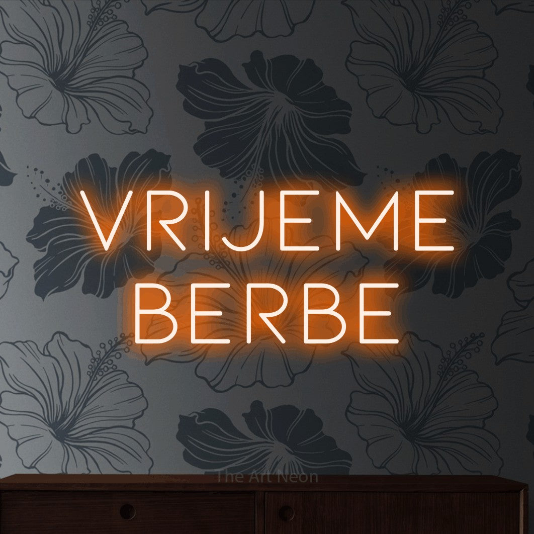 LED neon sign reading “VRIJEME BERBE”, arranged in two lines.