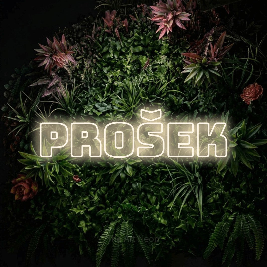 LED neon sign reading “prošek”, arranged in a single line.