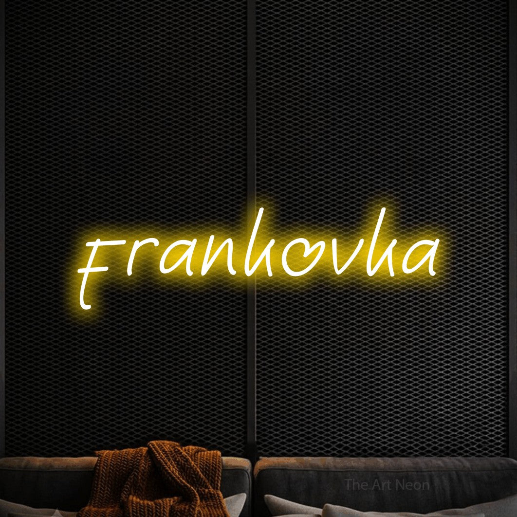 LED neon sign reading “frankovka”, arranged in a single line.