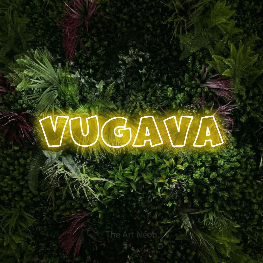 LED neon sign reading “Vugava”, arranged in a single line.