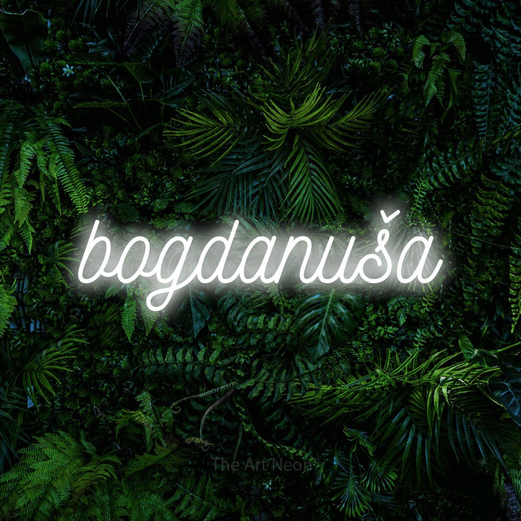 LED neon sign reading “bogdanuša”, arranged in a single line.