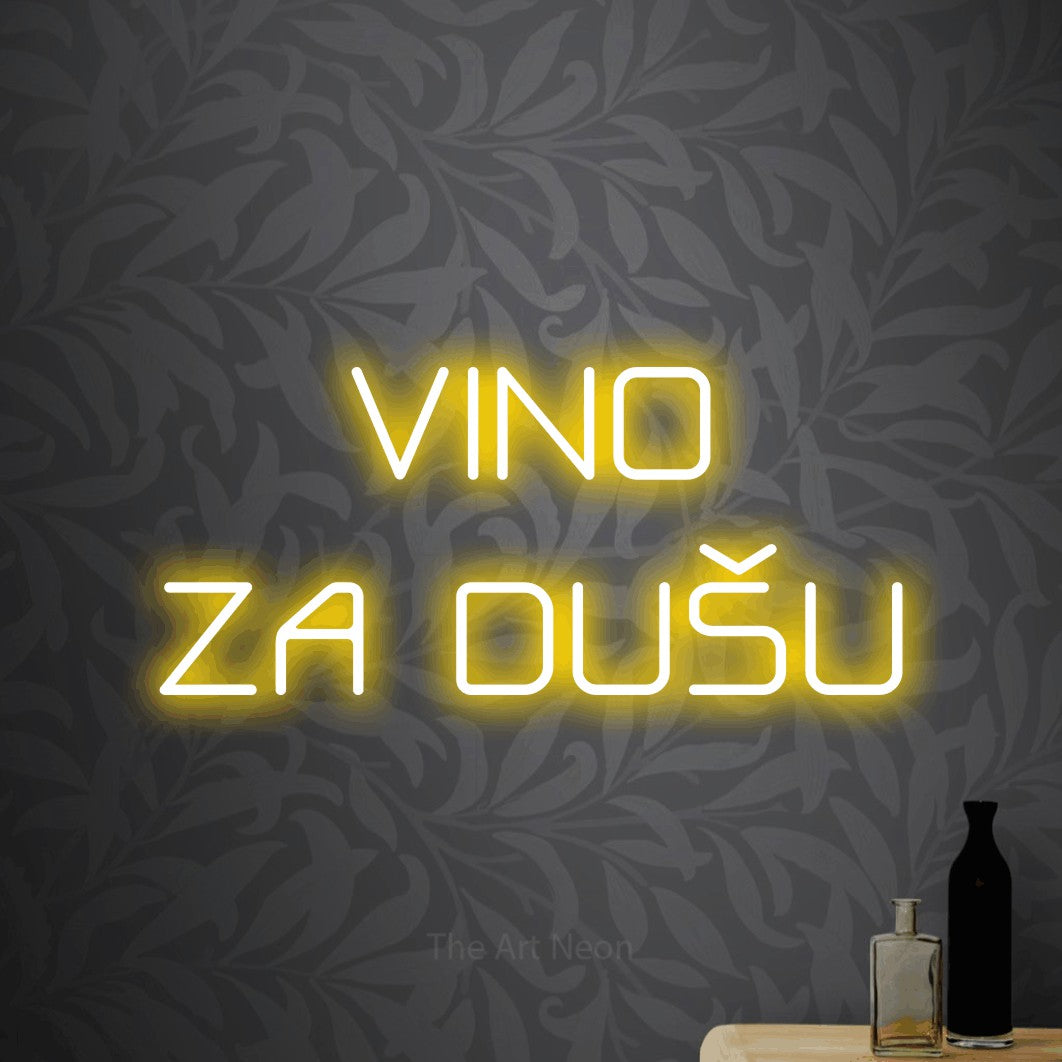 LED neon sign reading “VINO ZA DUŠU”, arranged in two lines.