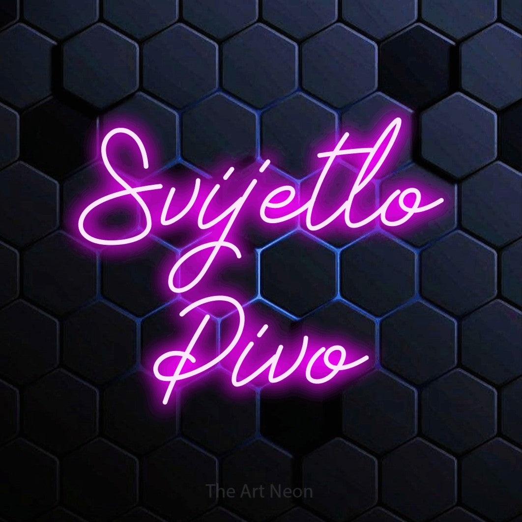 LED neon sign reading “Svijetlo Pivo”, arranged in two lines.