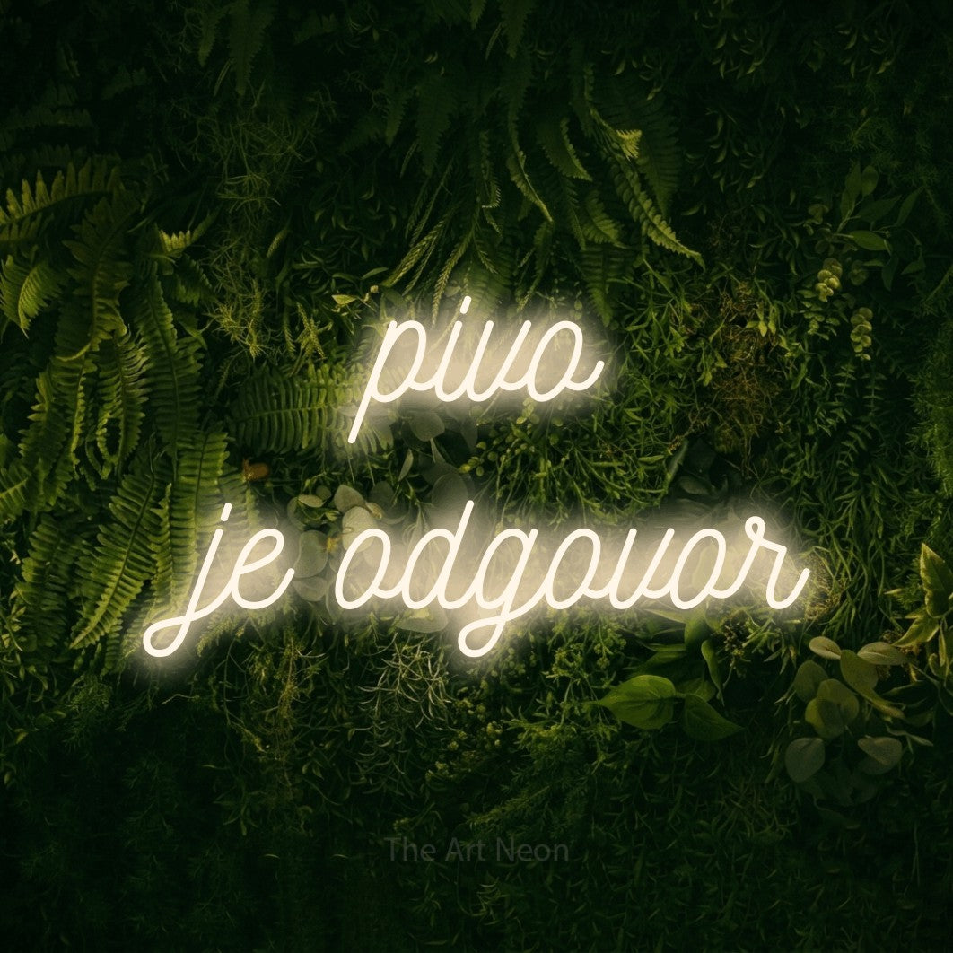LED neon sign reading “pivo je odgovor”, arranged in two lines.