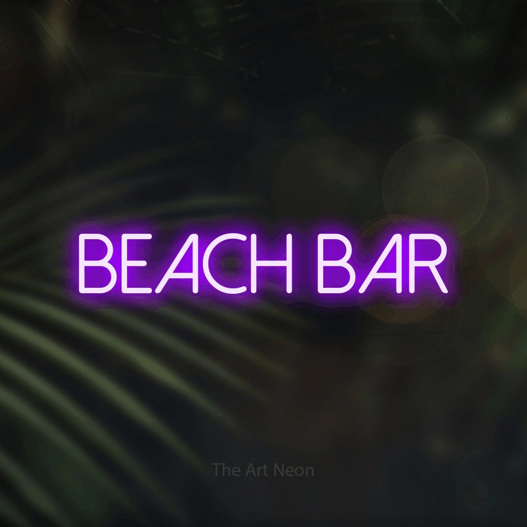 LED neon sign reading “Beach bar”, arranged in a single line.