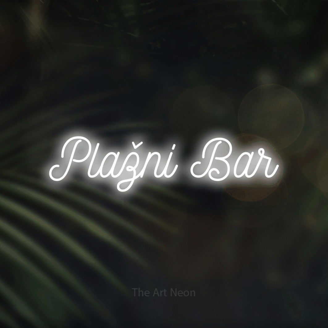 LED neon sign reading “Plažni Bar”, arranged in a single line.