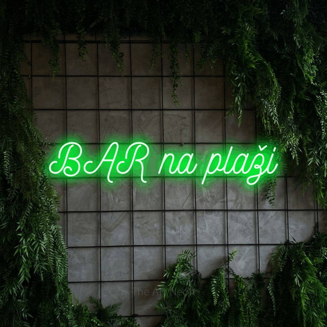 LED neon sign reading “BAR na plaži”, arranged in a single line.