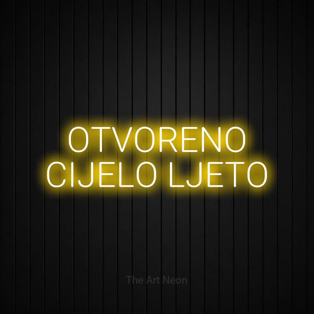 LED neon sign reading “OTVORENO CIJELO LJETO”, arranged in two lines.
