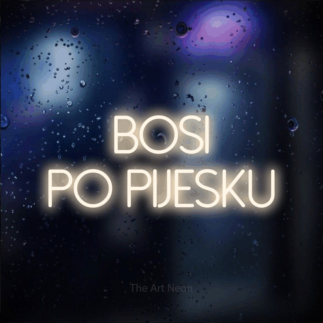 LED neon sign reading “BOSI PO PIJESKU”, arranged in two lines.
