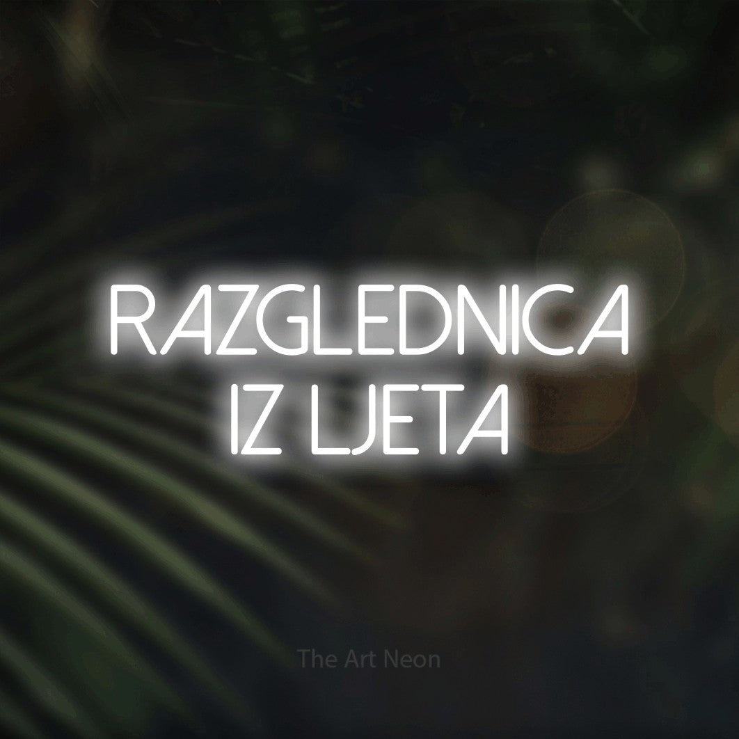 LED neon sign reading “razglednica iz ljeta”, arranged in two lines.