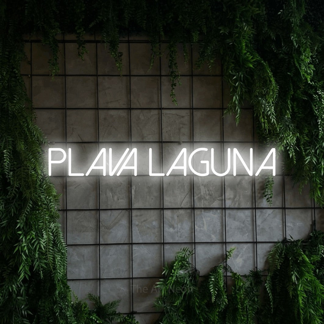 LED neon sign reading “plava laguna”, arranged in a single line.