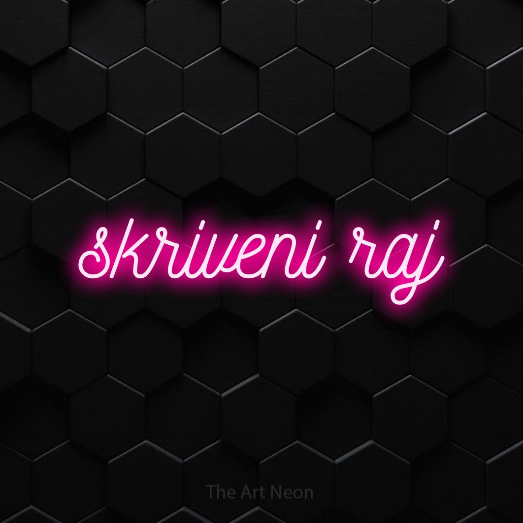 LED neon sign reading “skriveni raj”, arranged in a single line.