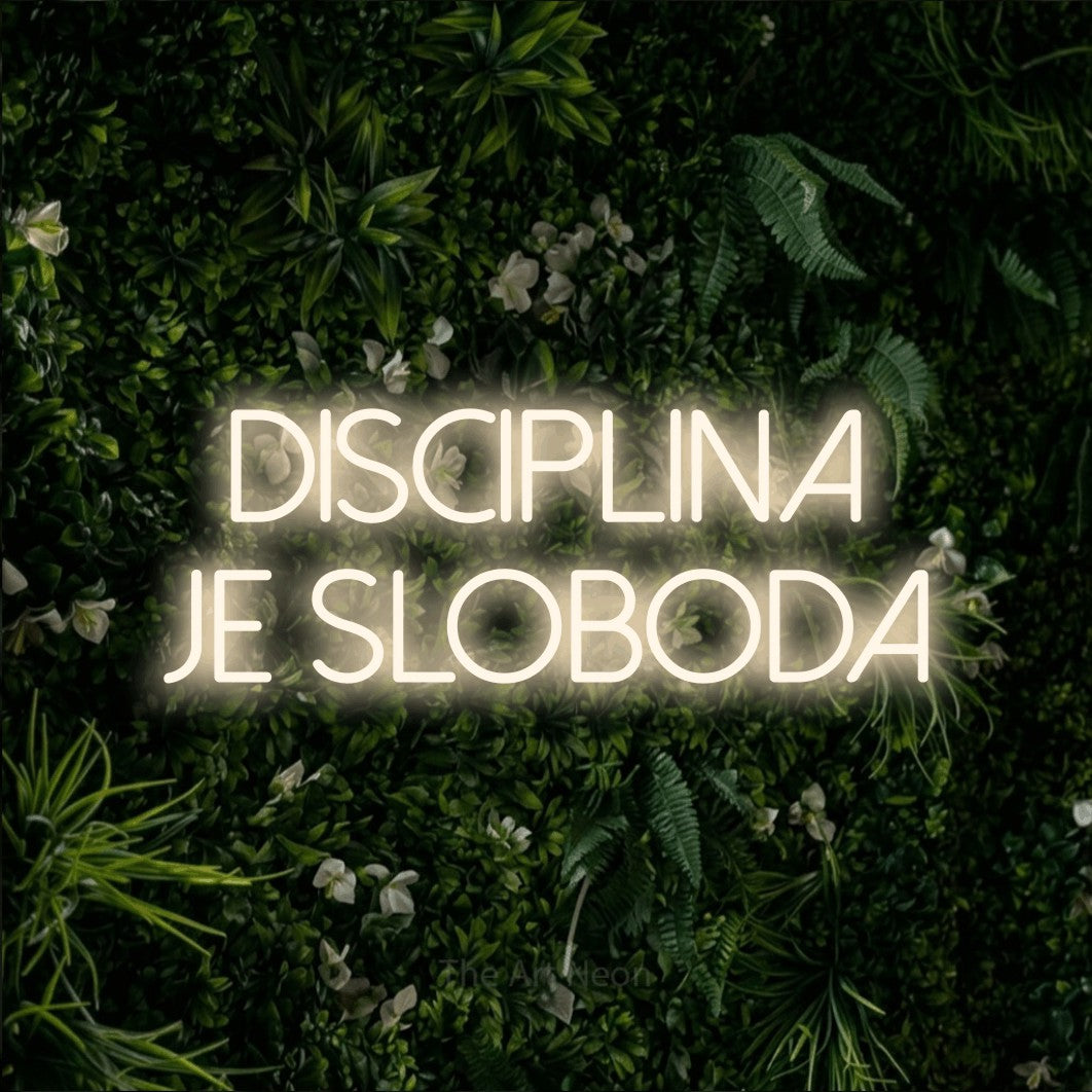 LED neon sign reading “disciplina je sloboda”, arranged in two lines.