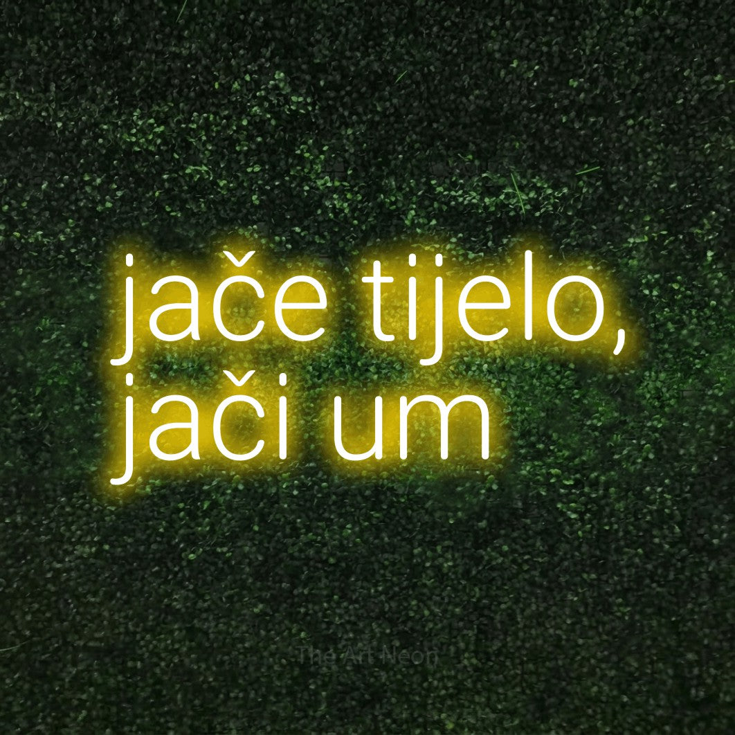 LED neon sign reading “jače tijelo, jači um”, arranged in two lines.