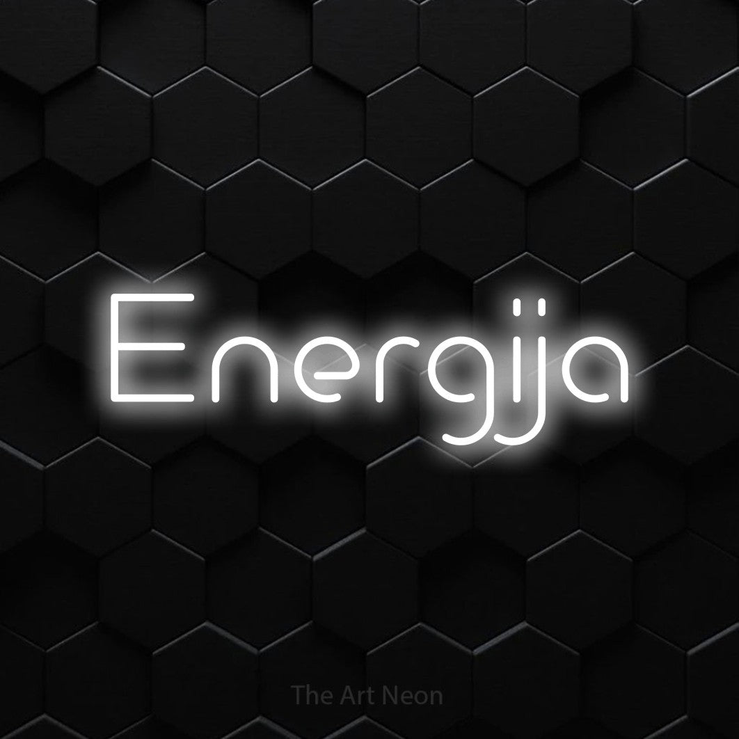 LED neon sign reading “Energija”, arranged in a single line.