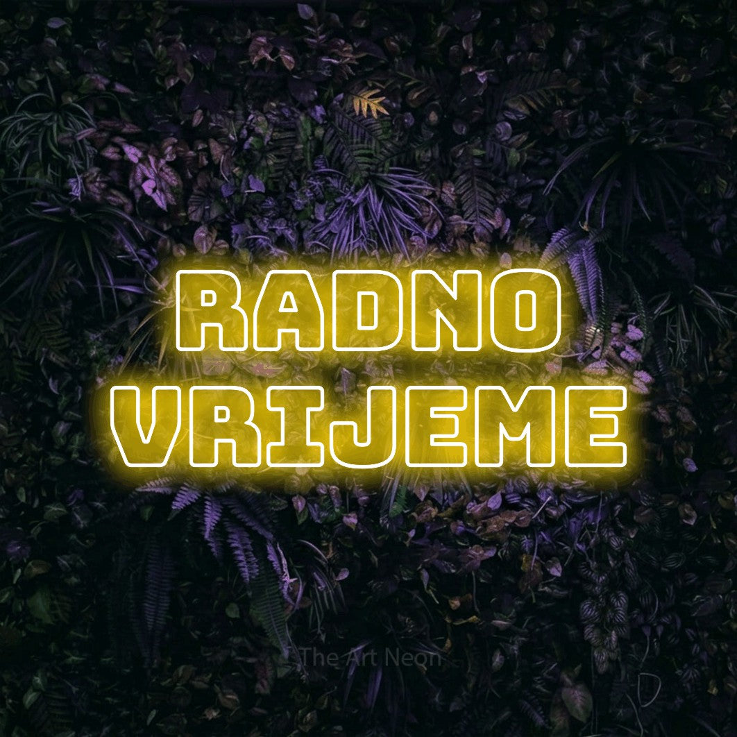 LED neon sign reading “RADNO VRIJEME”, arranged in two lines.