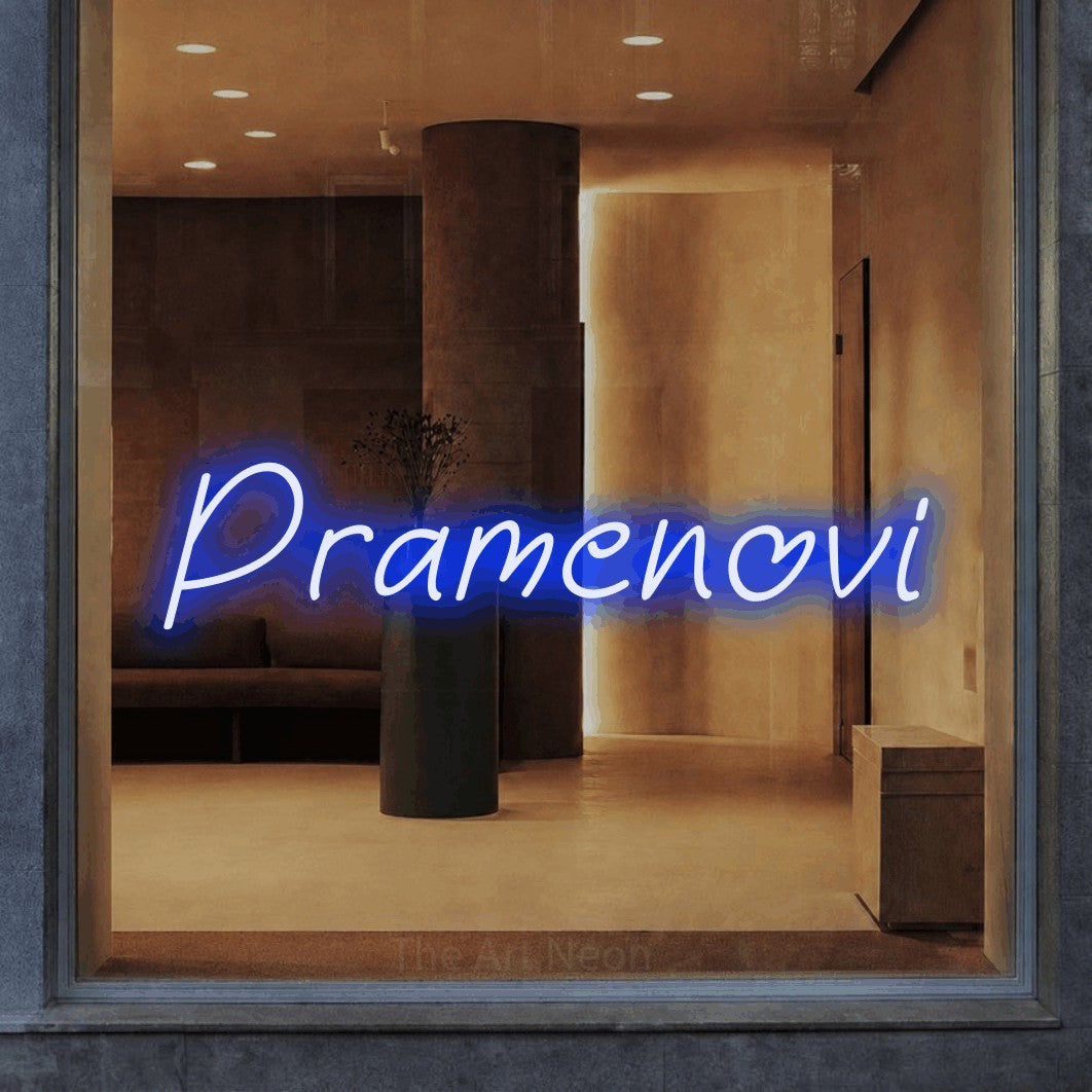 LED neon sign reading “Pramenovi”, arranged in a single line.