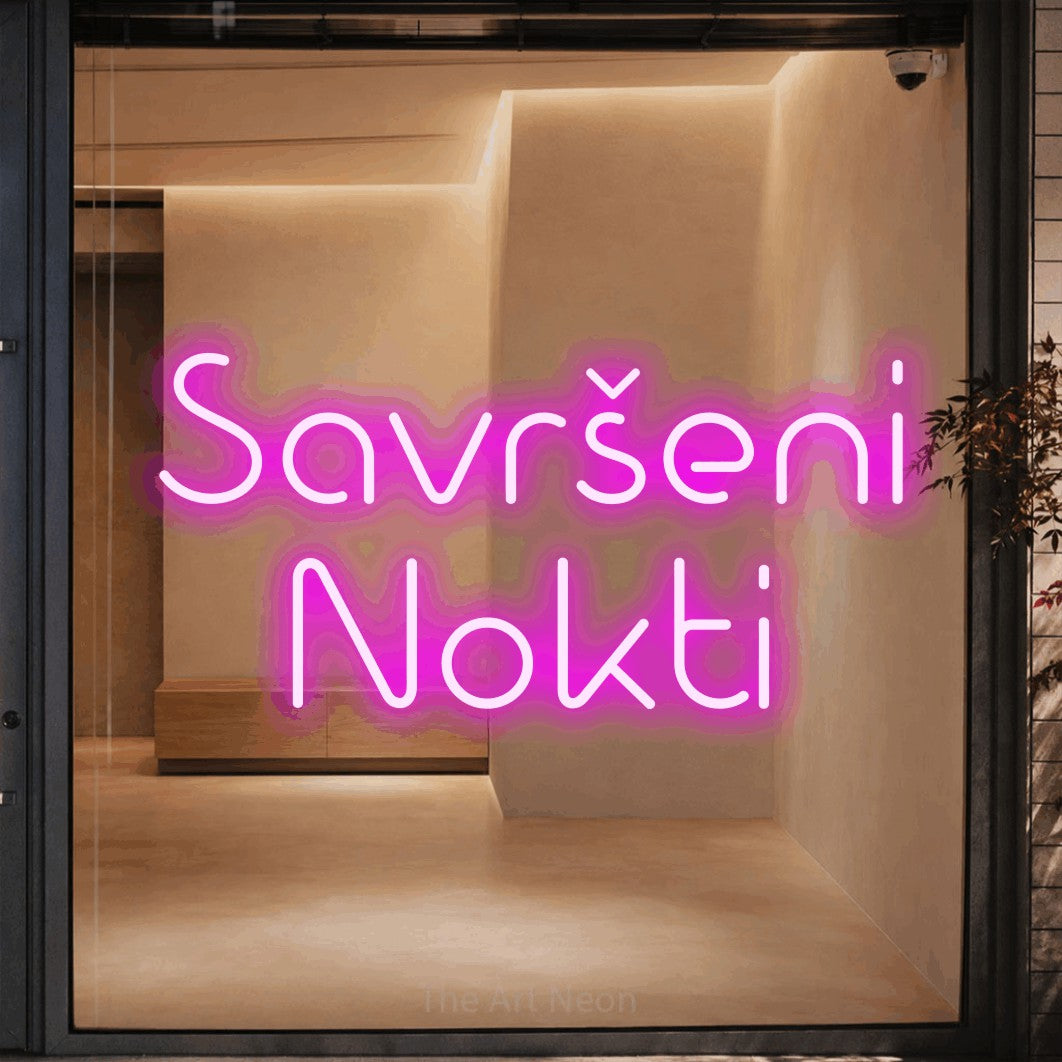 LED neon sign reading “Savršeni Nokti”, arranged in two lines.